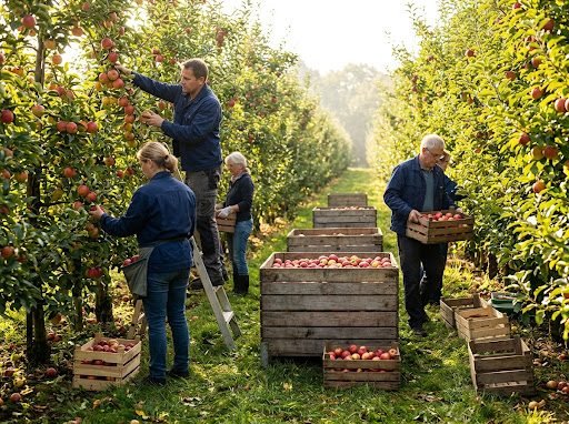 Erntehelfer bei der Apfelernte in einer Obstplantage