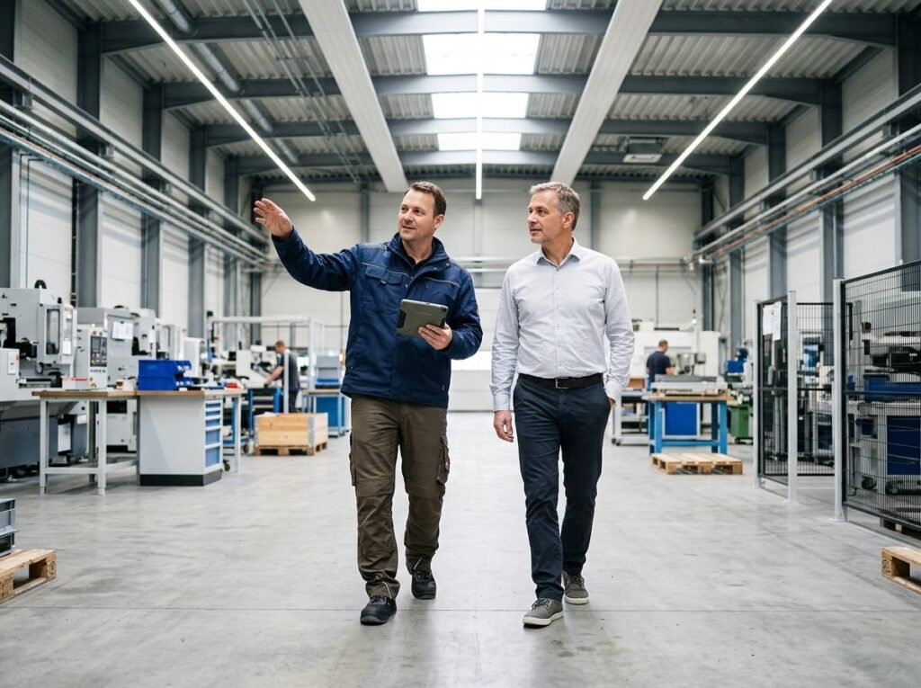 Vorarbeiter zeigt dem Kunden das Ergebnis in der Produktionshalle