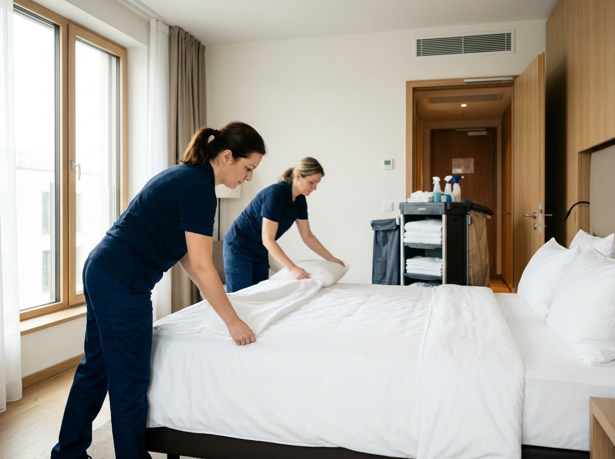 Housekeeping-Team bezieht ein Hotelbett